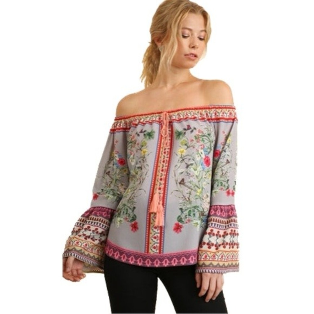 Umgee Boho Off Shoulder Floral Peasant Top Blouse Tunic Bell Sleeves Size M